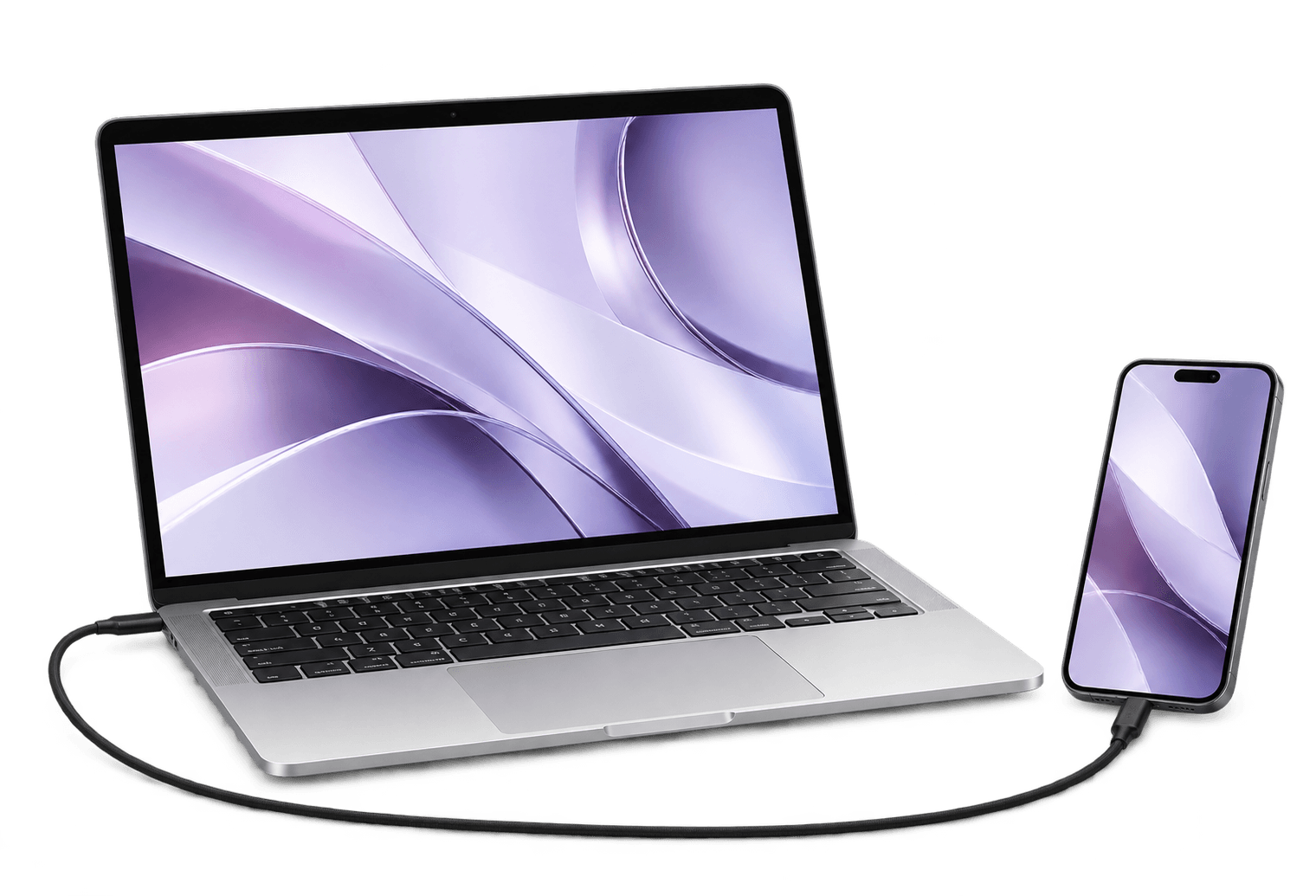 Illustrative Mac and iPhone connected with a USB data cable