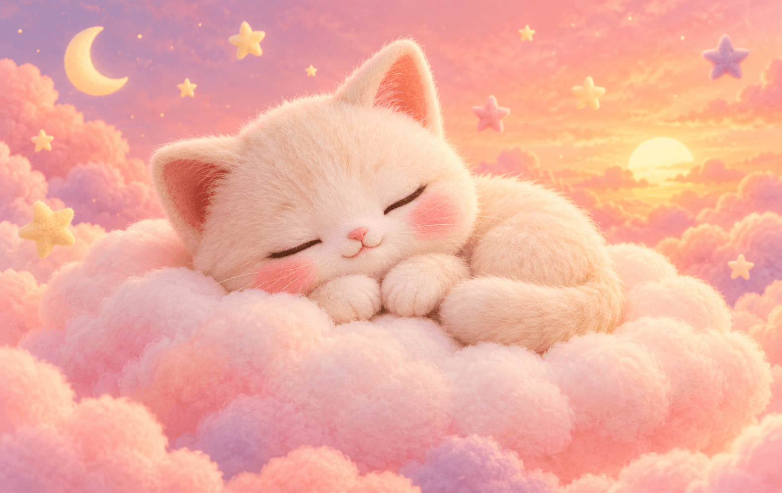 A sleepy cream kitten curled on a fluffy cloud beneath a peach-pink sky and pastel stars