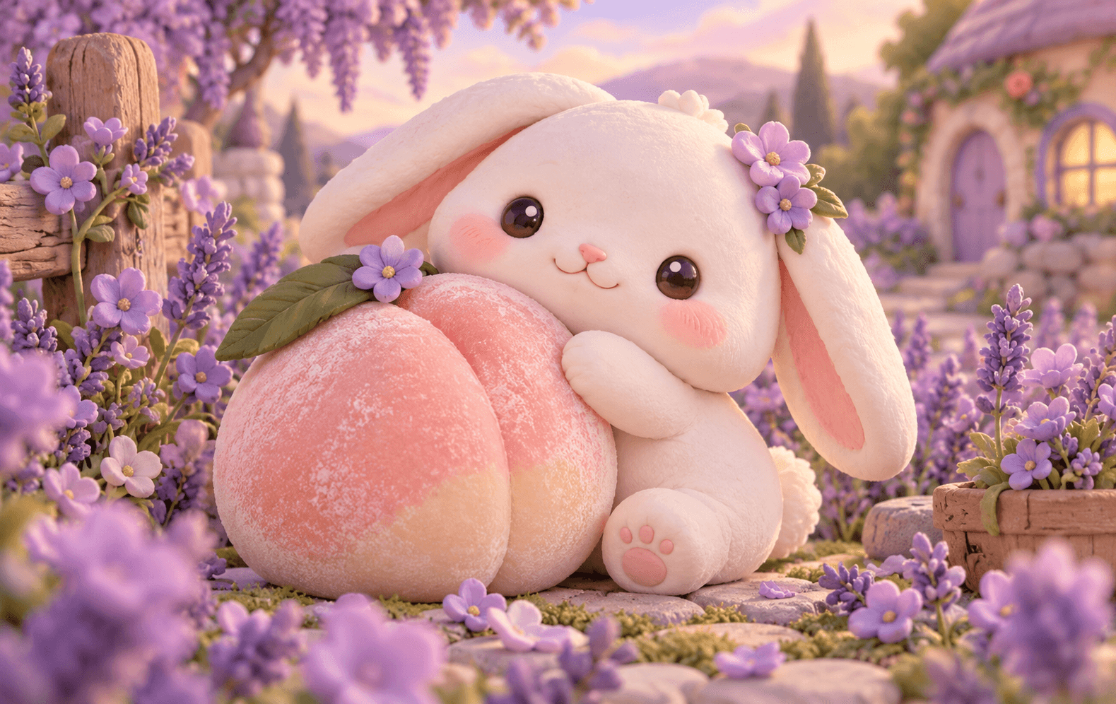 A plush white bunny cuddles a peach mochi in a tiny lavender flower garden