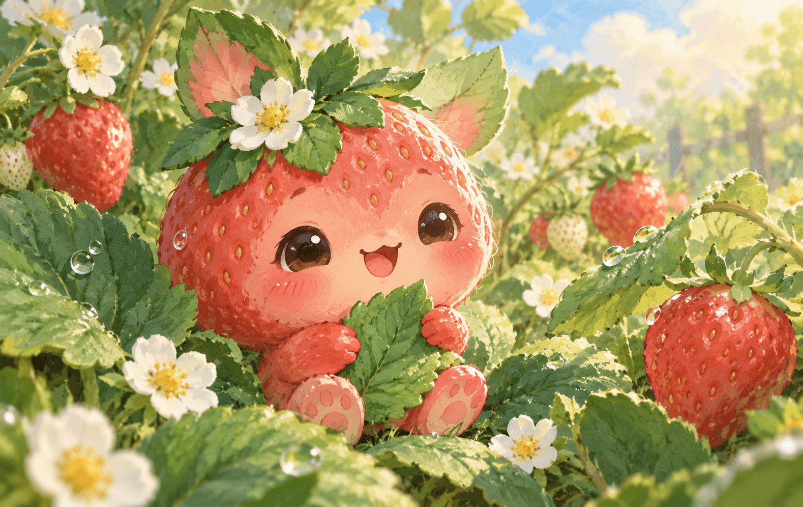 A smiling strawberry sprite with little leaf ears and tiny feet sits among mint leaves and white blossoms