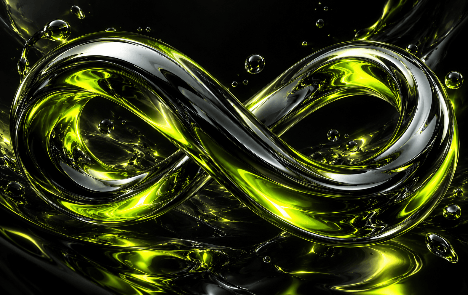 A single impossibly fluid chrome ribbon coiled like a serpentine infinity knot, lacquer black space, acid-lime caustic highlights and specular reflections, extreme polished metallic detail