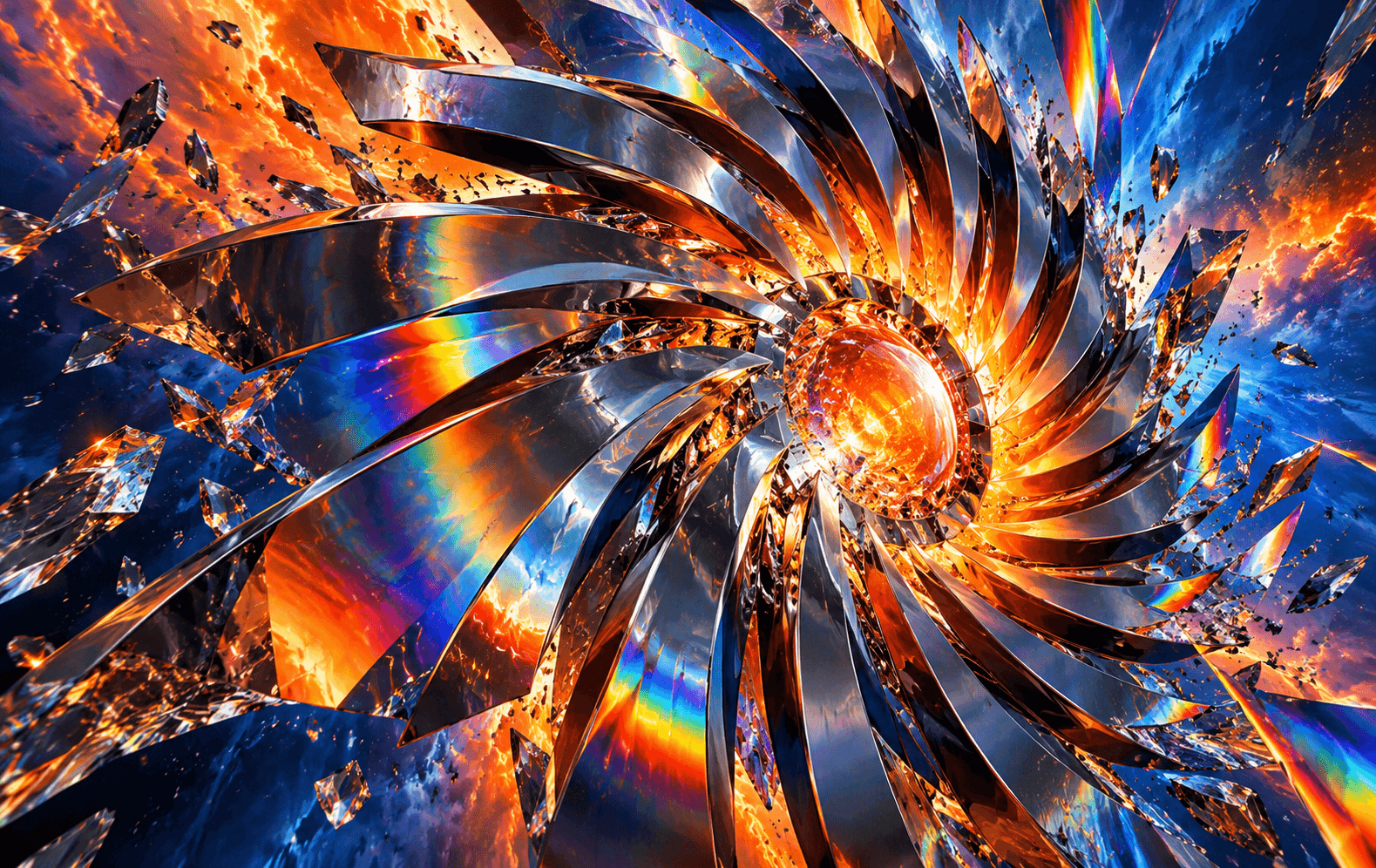 An abstract chrome turbine-like radial sculpture dissolving into rainbow refraction, electric orange and ultramarine, dramatic high-contrast exploded mechanical art without functional machinery