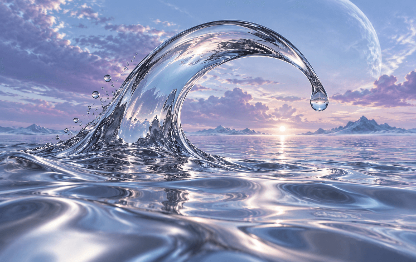 A rippling mirror-silver ocean with one monumental smooth droplet arch, icy cyan and lavender reflected sky, serene futuristic macro landscape, precise minimal composition