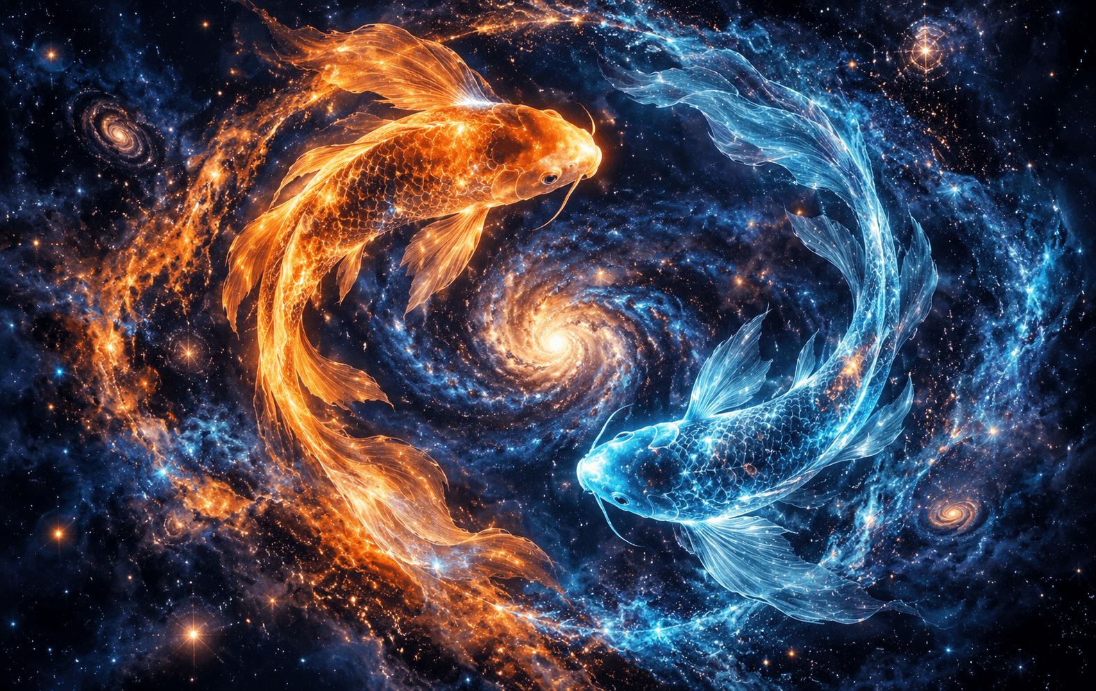 Two original ethereal koi fish formed from orange and cyan nebula dust swimming in an orbital loop through star-filled indigo, intricate scale light, elegant flowing composition