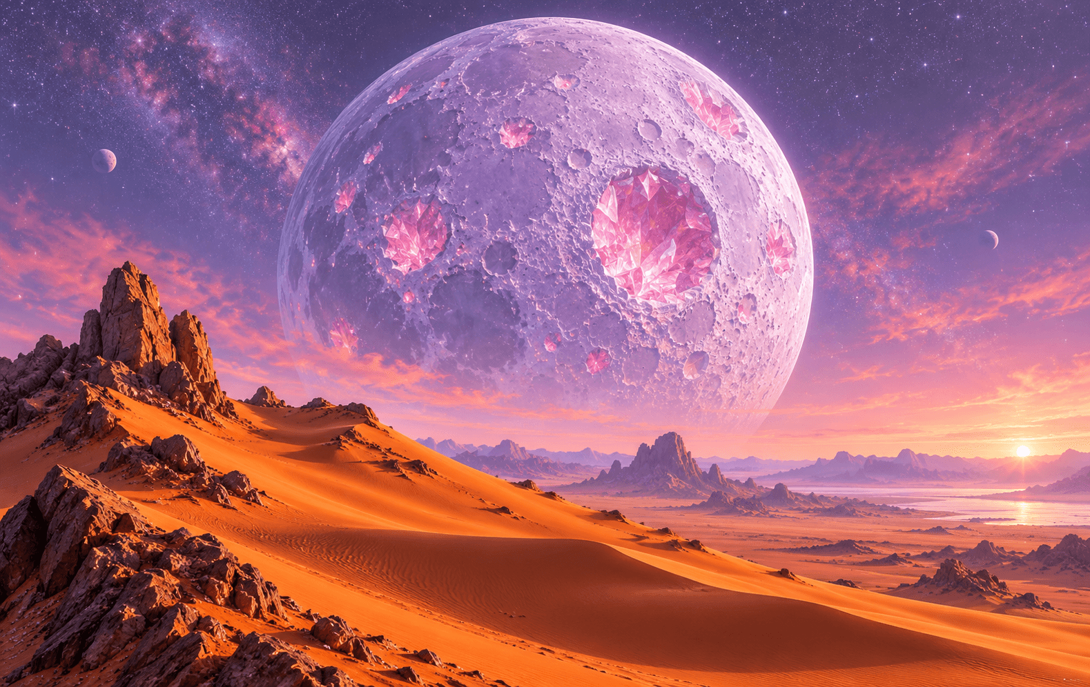 An enormous lavender moon with candy-pink crystalline craters suspended above an orange alien dune, surreal pastel cosmic poster art with fine grain and no lettering