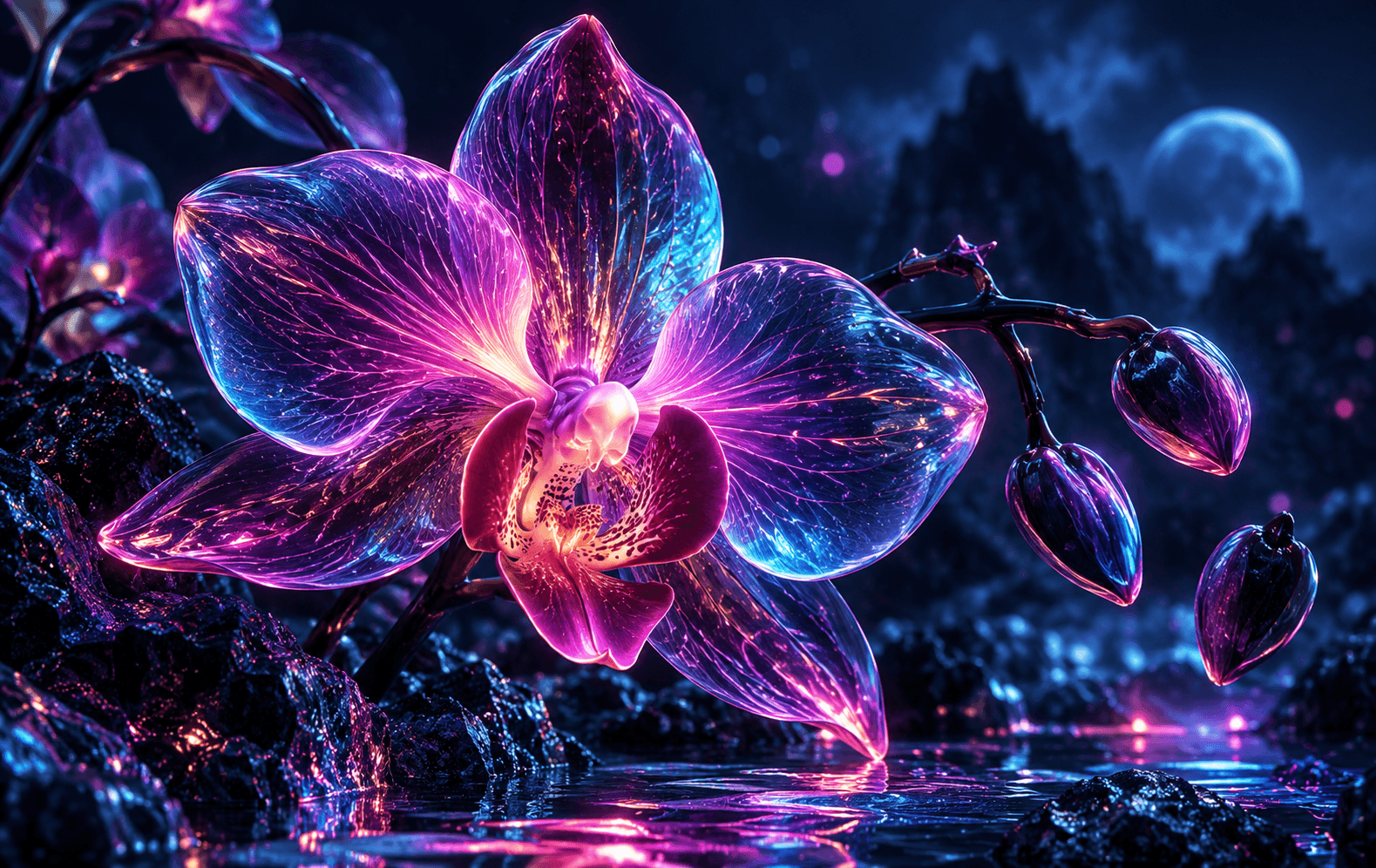 A glowing magenta-and-cyan orchid made of delicate neon tubing and luminous glass, midnight-blue atmosphere, bloom with complex layered petals, futuristic botanical still life
