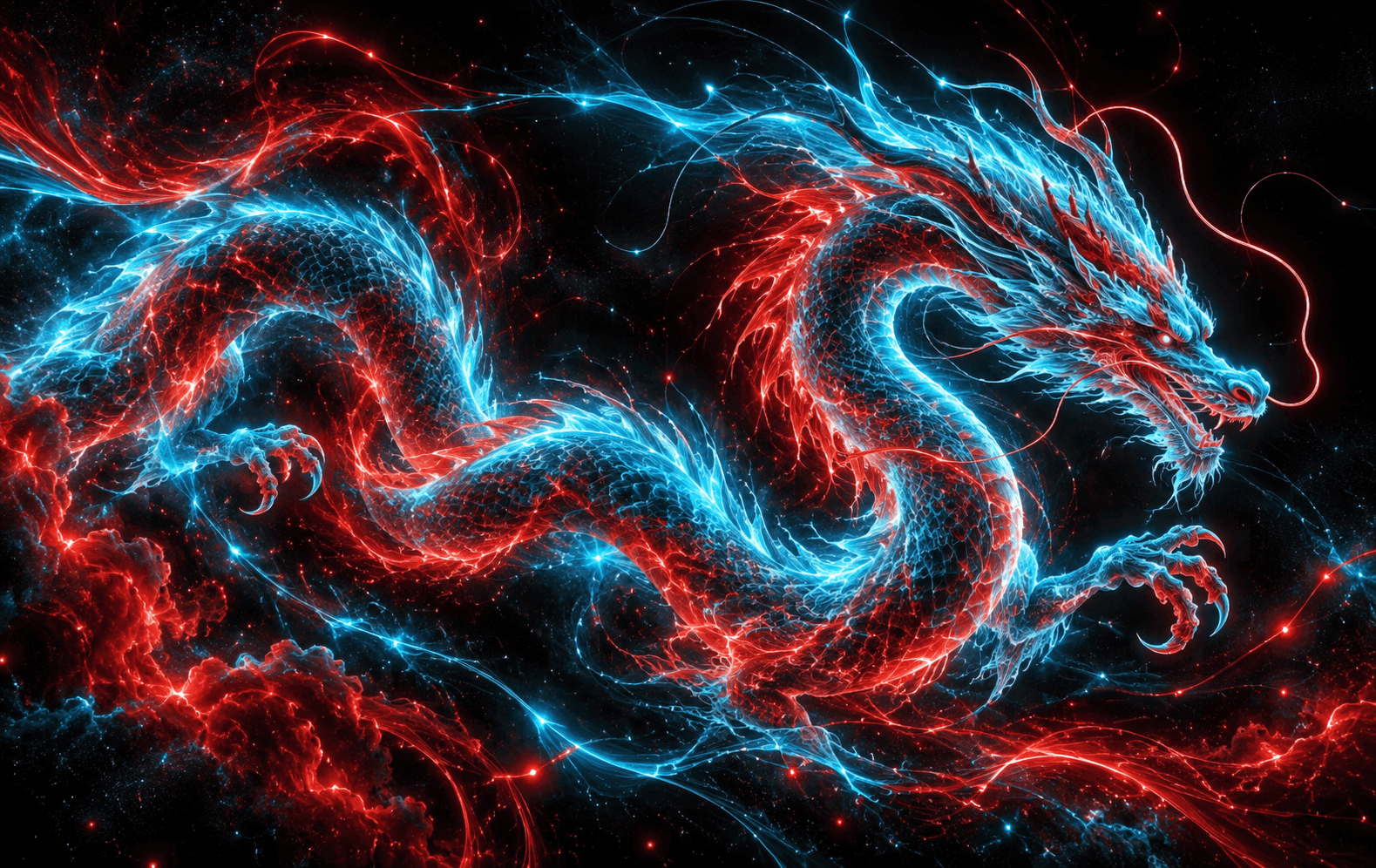 One original Eastern-inspired dragon silhouette woven exclusively from electric cyan and ruby light filaments, sweeping fluid body through pitch-black space, dramatic elegant luminous energy