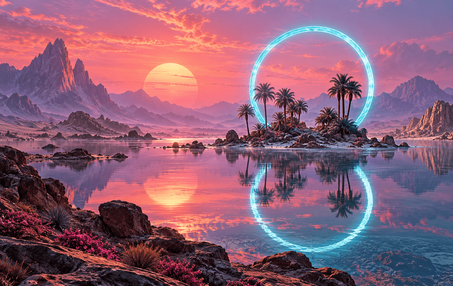 A glowing sunset-pink desert with a floating cyan light-ring oasis mirrored in glossy water, distant violet mountains, crisp synth-futurist landscape with atmospheric haze