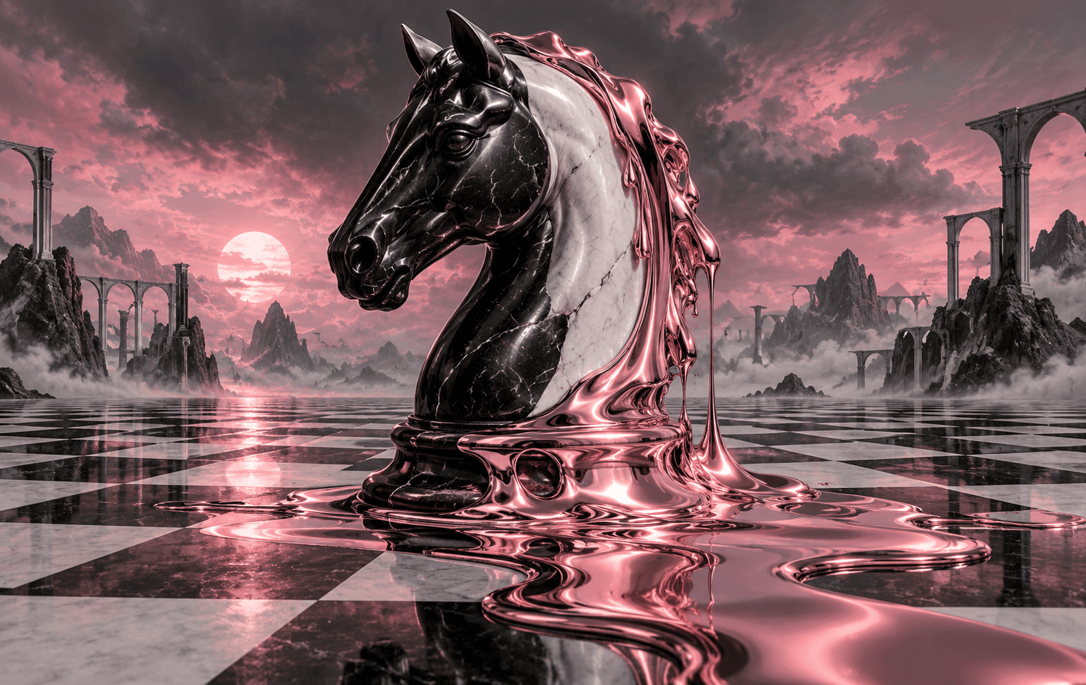 A monumental black-and-white chess knight melting into flowing chrome-pink puddles on a checkerboard plain, dreamlike perspective, clean surrealist rendering and dramatic shadows