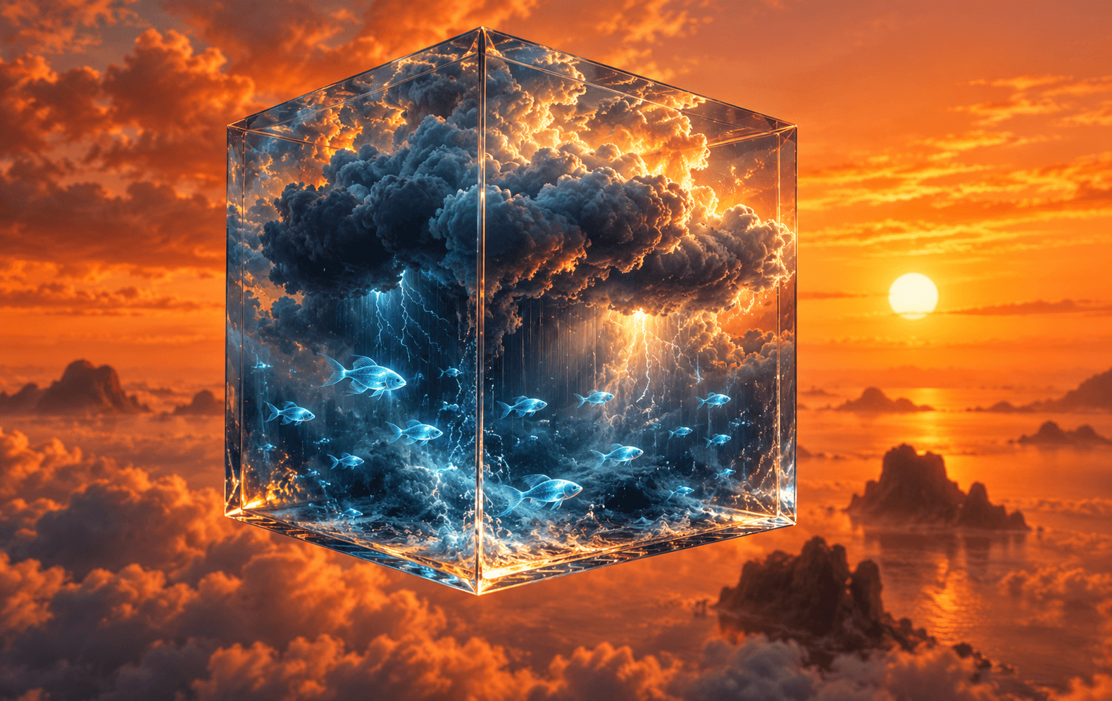 A luminous glass cube containing a storm cloud and tiny glowing blue fish, floating against an orange-gradient sky, surreal detailed studio CGI, no supporting pedestal or frame