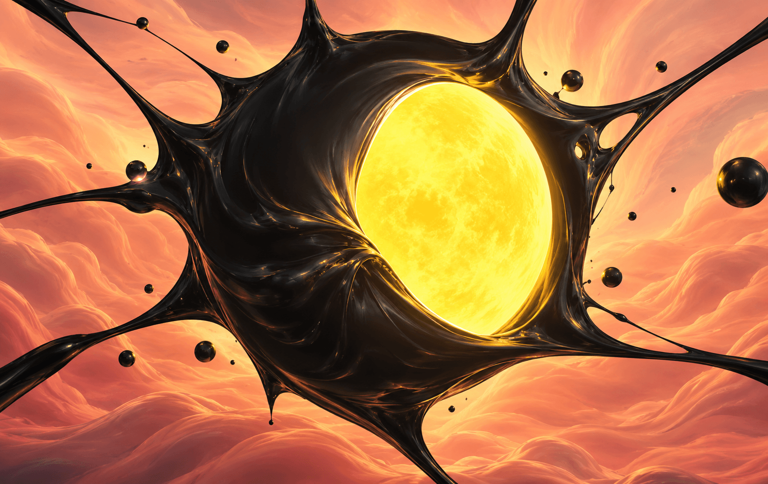 A flexible black sun stretching like a rubber membrane around a luminous lemon-yellow eclipse, undulating peach background, bold surreal dimensional abstraction