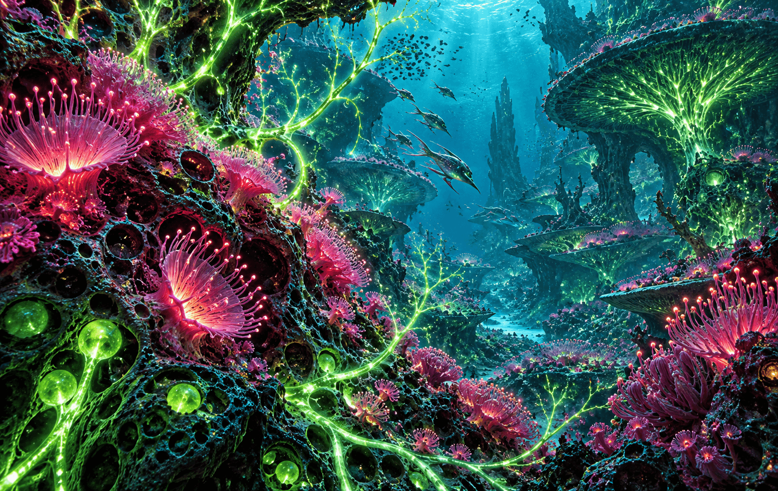 An alien coral reef alive with glowing acid-green nerve branches and magenta polyps, dark turquoise underwater space, intricate organic textures, luscious bioluminescent fantasy macro