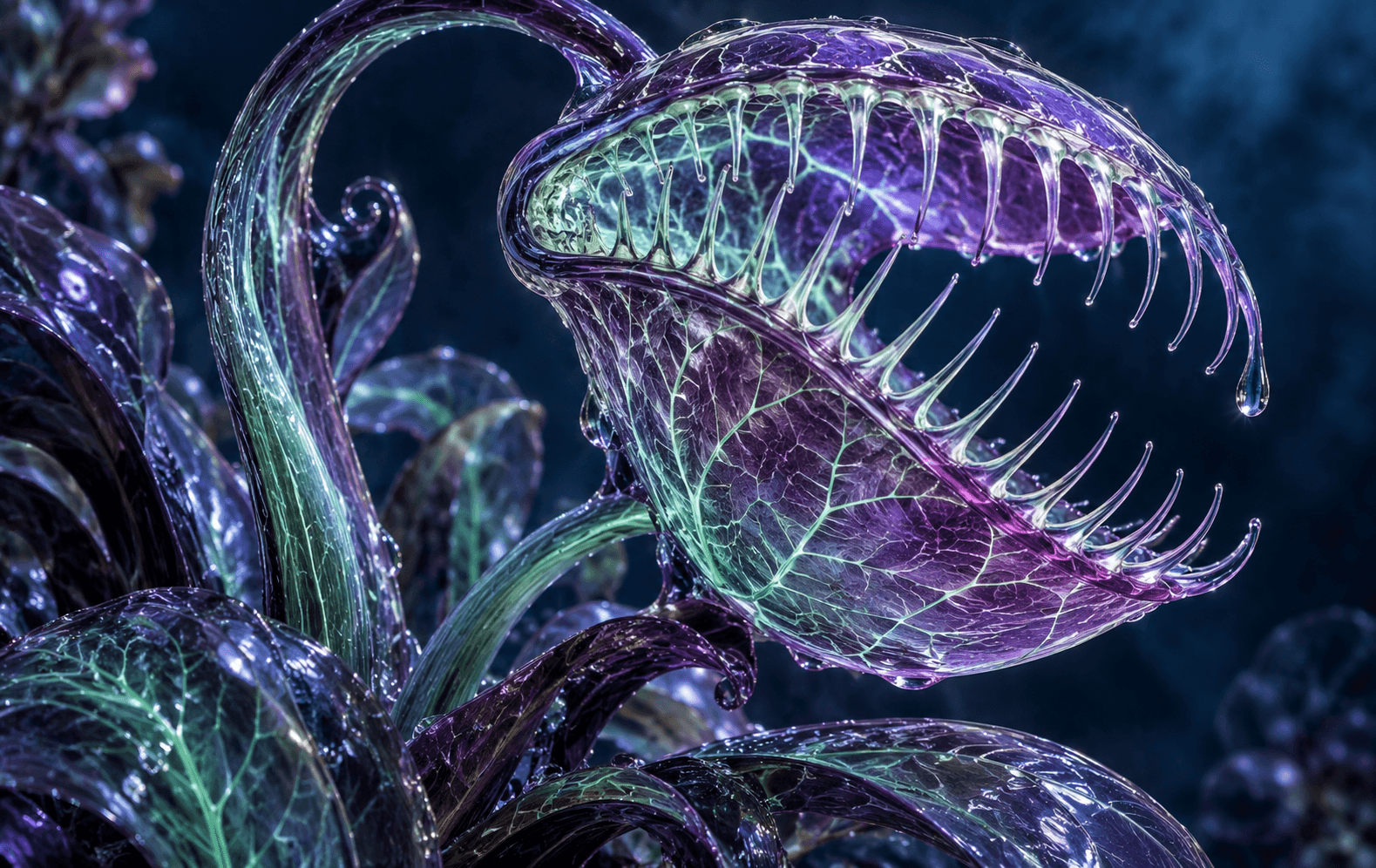 A dramatically curling carnivorous plant transformed into translucent violet glass with luminous mint veins, close-up artistic botanical sculpture, ink-blue backdrop, highly detailed organic surfaces