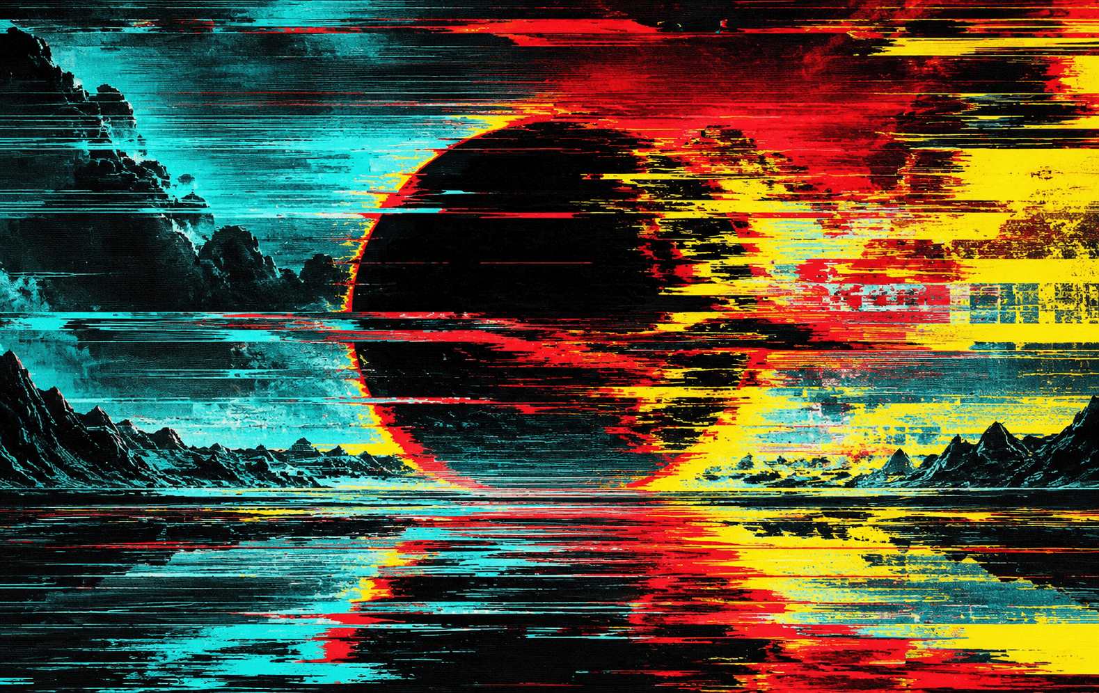 An original abstract analog-video signal collapsing into violent horizontal cyan, red and yellow scanline fragments, black void, purposeful crisp digital distortion, no words or identifiable UI