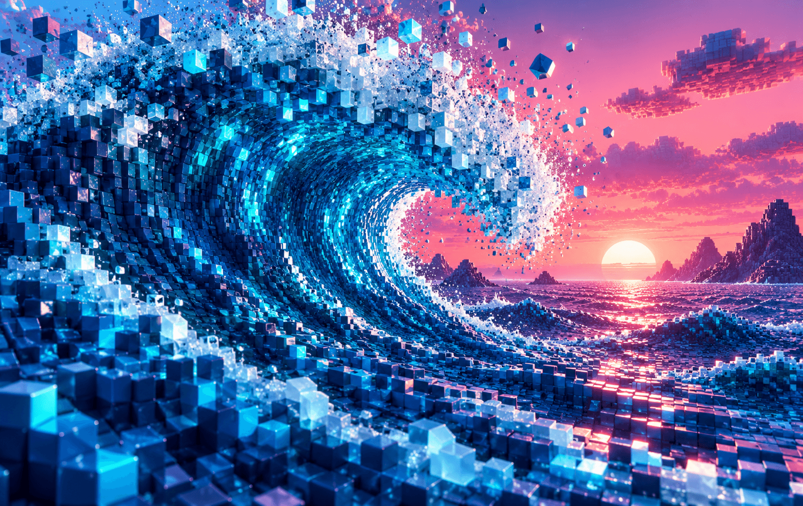 A towering ocean wave composed of densely packed luminous cobalt and turquoise voxel cubes, pink horizon, dramatic energy and shattered pixel spray, original retro-futurist 3D art