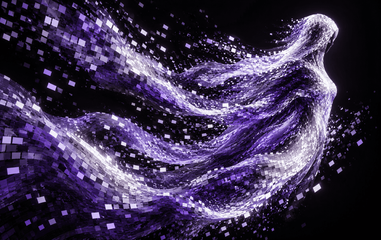 An anonymous abstract flowing spectral shape made from fragmented white and violet rectangular pixels, black backdrop, ethereal digital fabric, no face, letters, numbers or interface