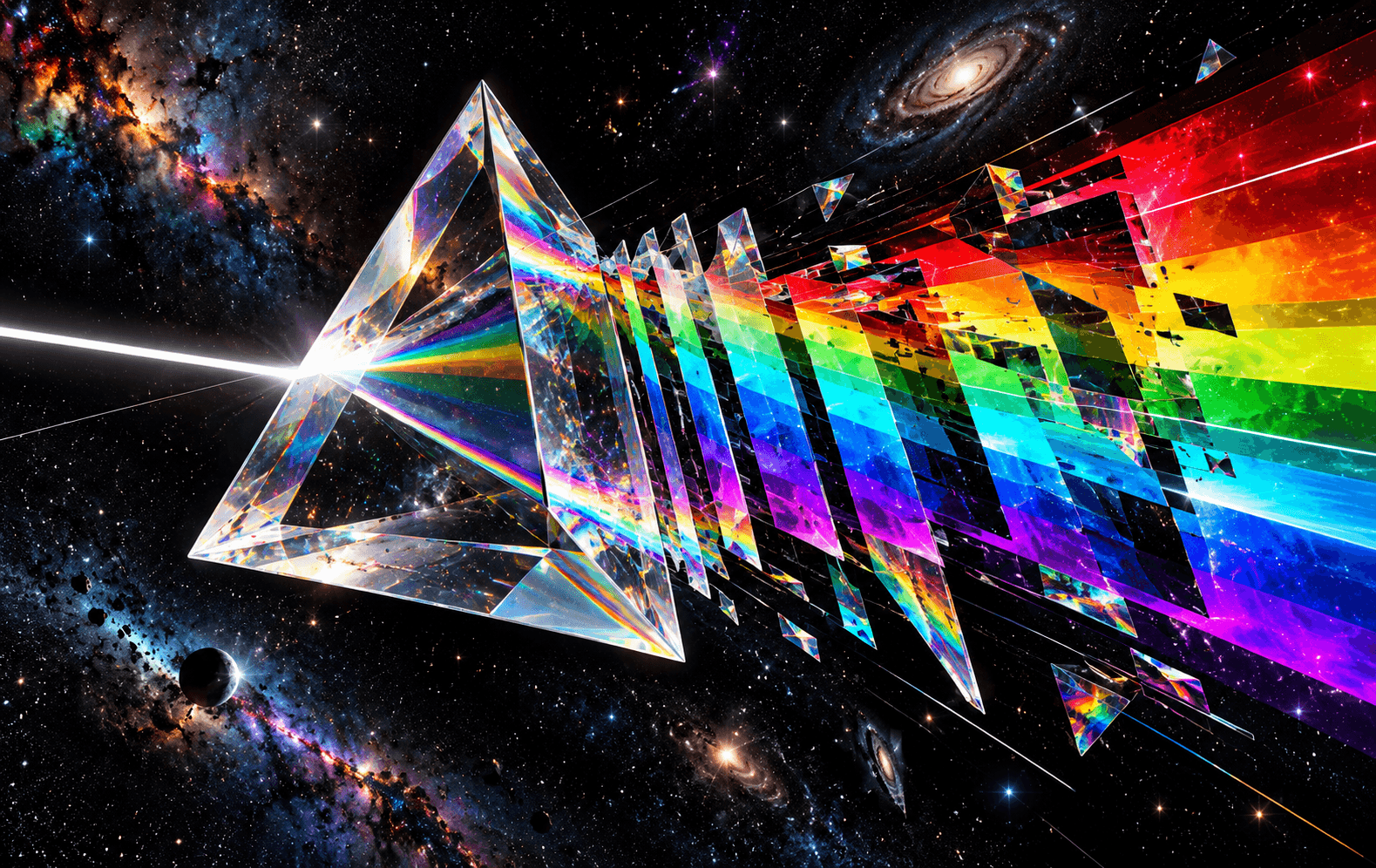 A floating clear triangular prism splitting into multiple corrupted RGB offset slices, intense rainbow bands and crisp black space, optical geometric digital chaos, high-definition clean edges