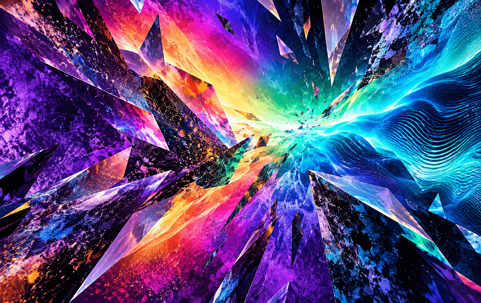 A fluid rainbow gradient torn into dramatic angular shards with violet noise fields and cyan interference waves, maximalist digital abstraction, richly layered optical texture
