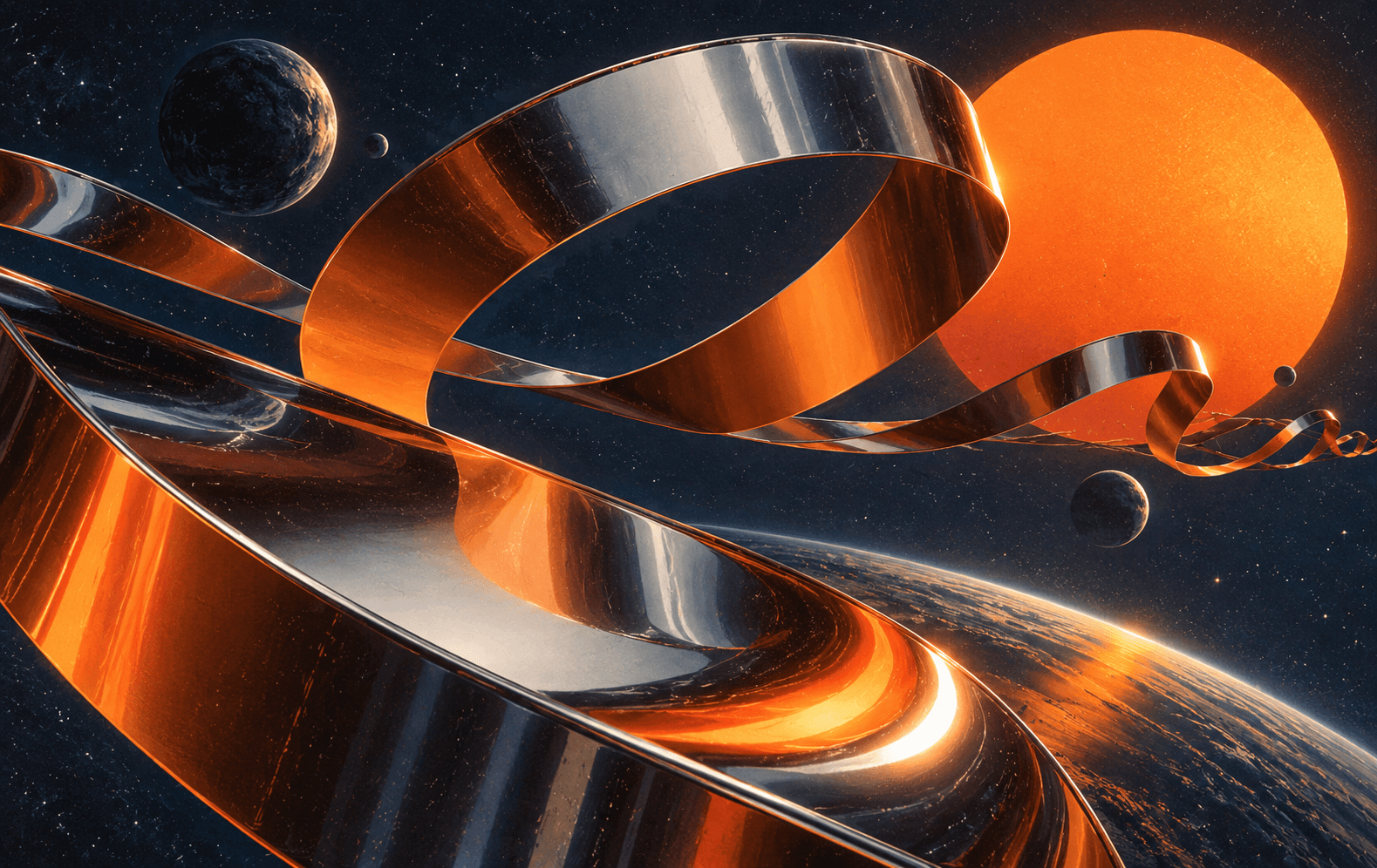 An abstract retrofuturistic chrome-and-orange loop inspired by magnetic tape ribbons floating through navy space, broad sculptural tape curves, small analog grain, no actual cassette labels or text