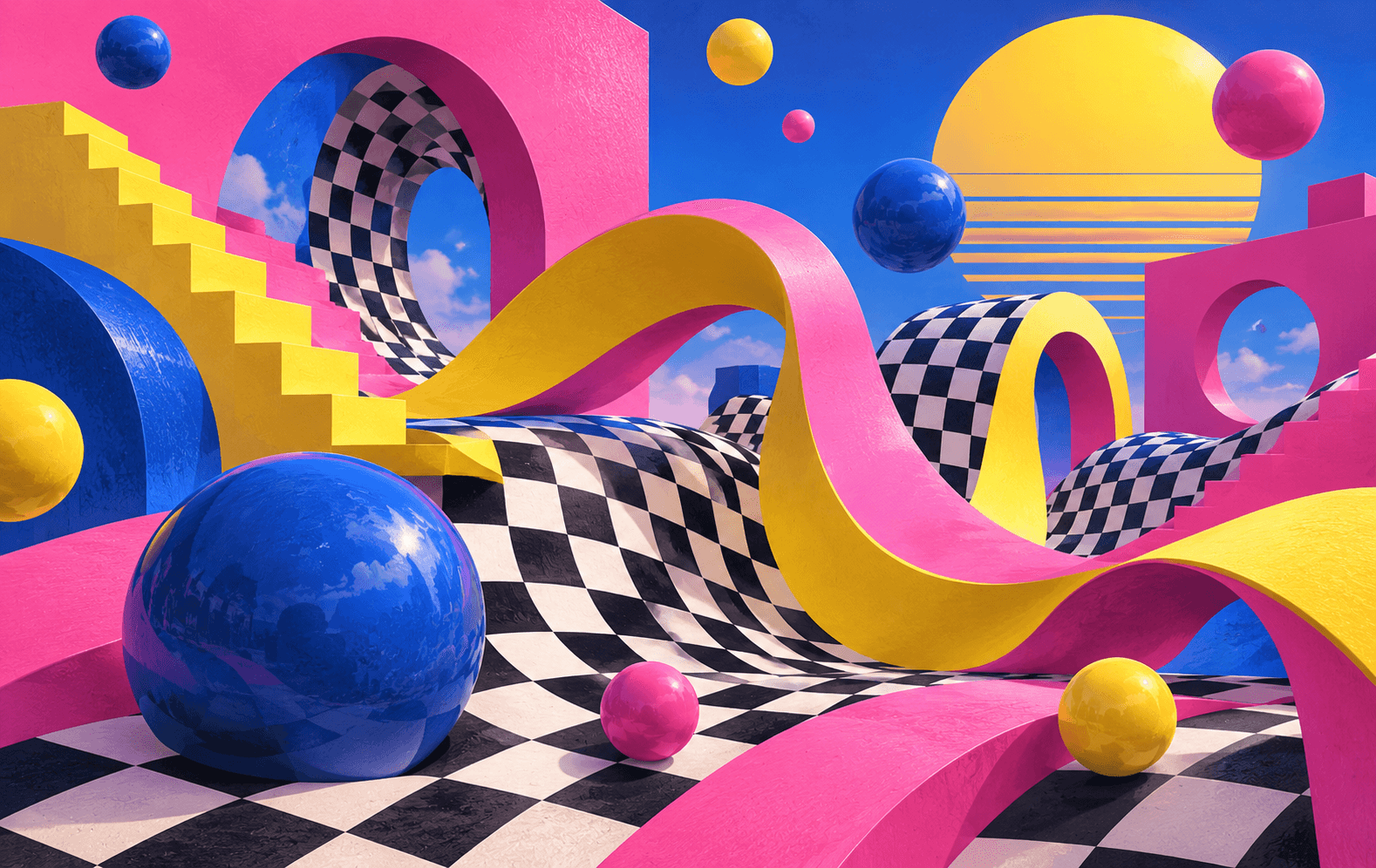 Bold 1980s-inspired squiggles, spheres and checkerboard shapes melting into a playful pink and yellow dimensional composition, cobalt shadows, lively graphic rhythm, polished illustrated texture