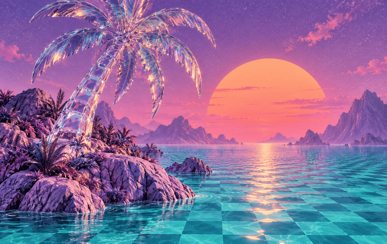 Original vaporwave art of an enormous glass palm tree on a lavender island, giant coral sunset, turquoise checkerboard water and grainy purple air, elegant bold landscape