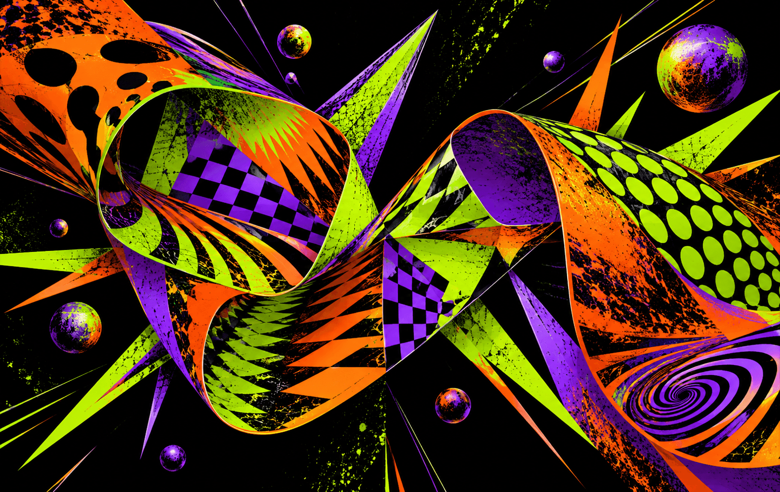 A kaleidoscopic folded rave-flyer-inspired ribbon made from hot-orange, acid-lime and electric-purple geometric textures, black background, aggressive 1990s graphic energy without lettering