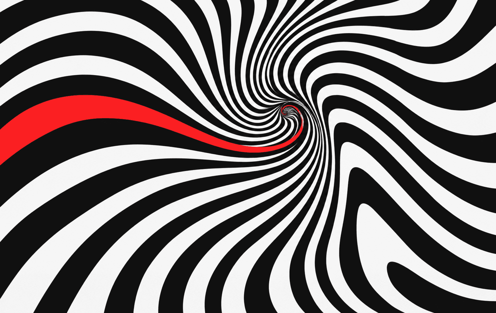 An intense black-and-white optical-art vortex of undulating warped stripes with one hot-red flowing stripe, exceptionally crisp editorial graphics, mathematically elegant high-contrast composition