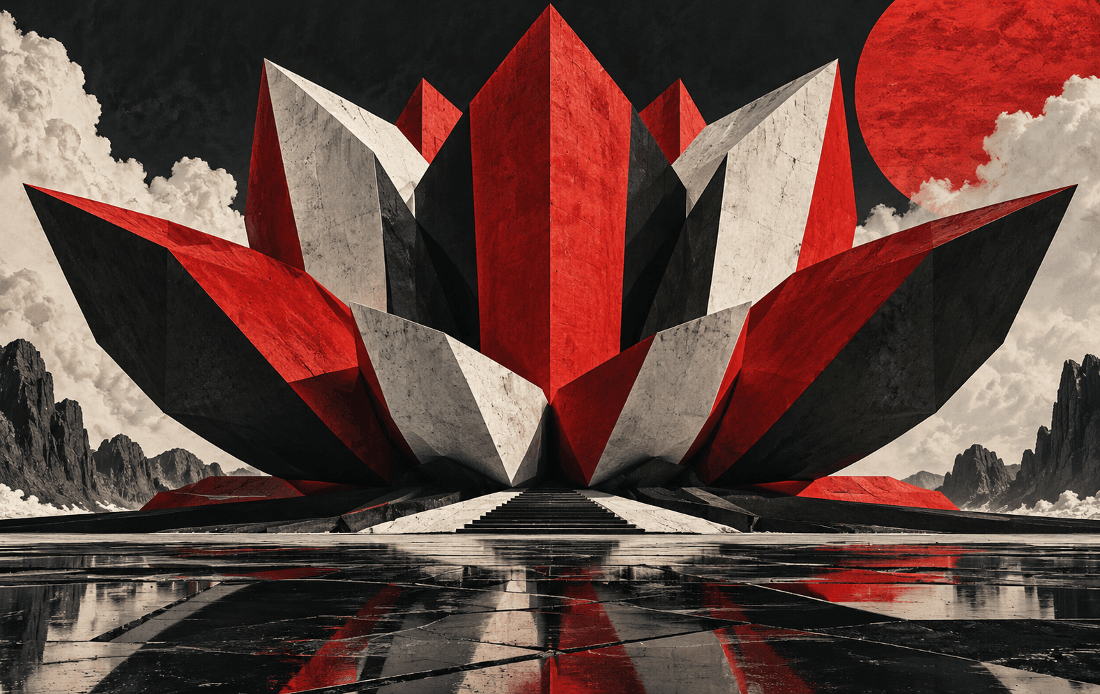 An original enormous geometric flower assembled from hard-edged red, black and off-white blocks, harsh sculptural shadows, contemporary brutalist poster art without any type