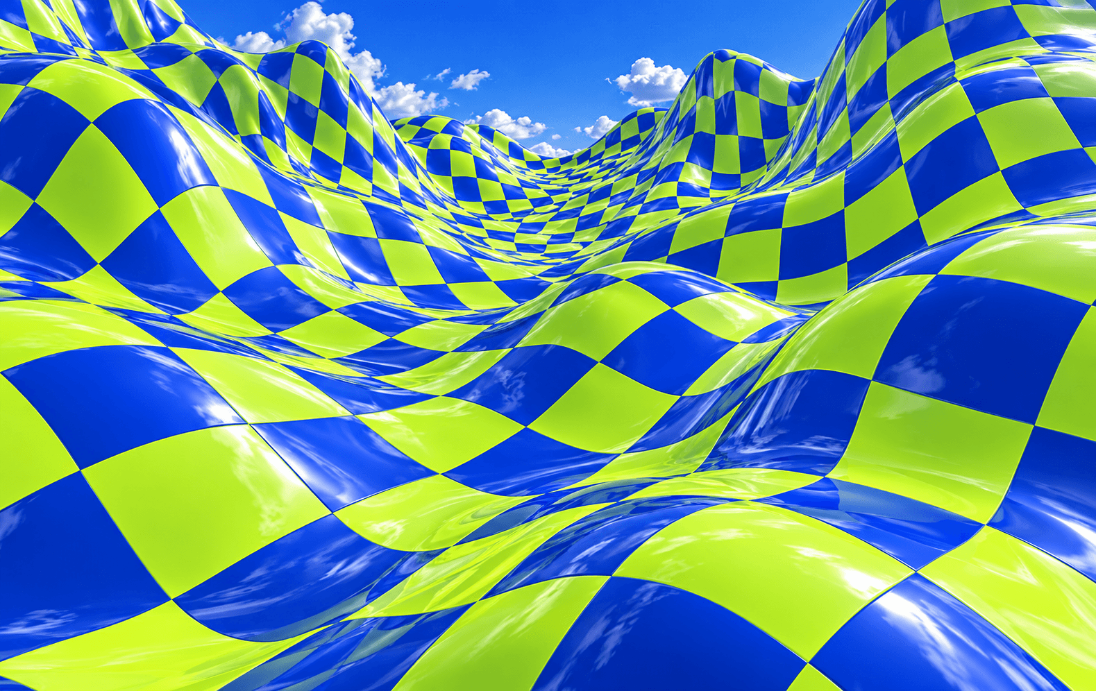 A bright lime and cobalt checkerboard grid stretched into a dramatic fluid topographic valley, glossy dimensional geometry, witty bold optical texture filling the frame