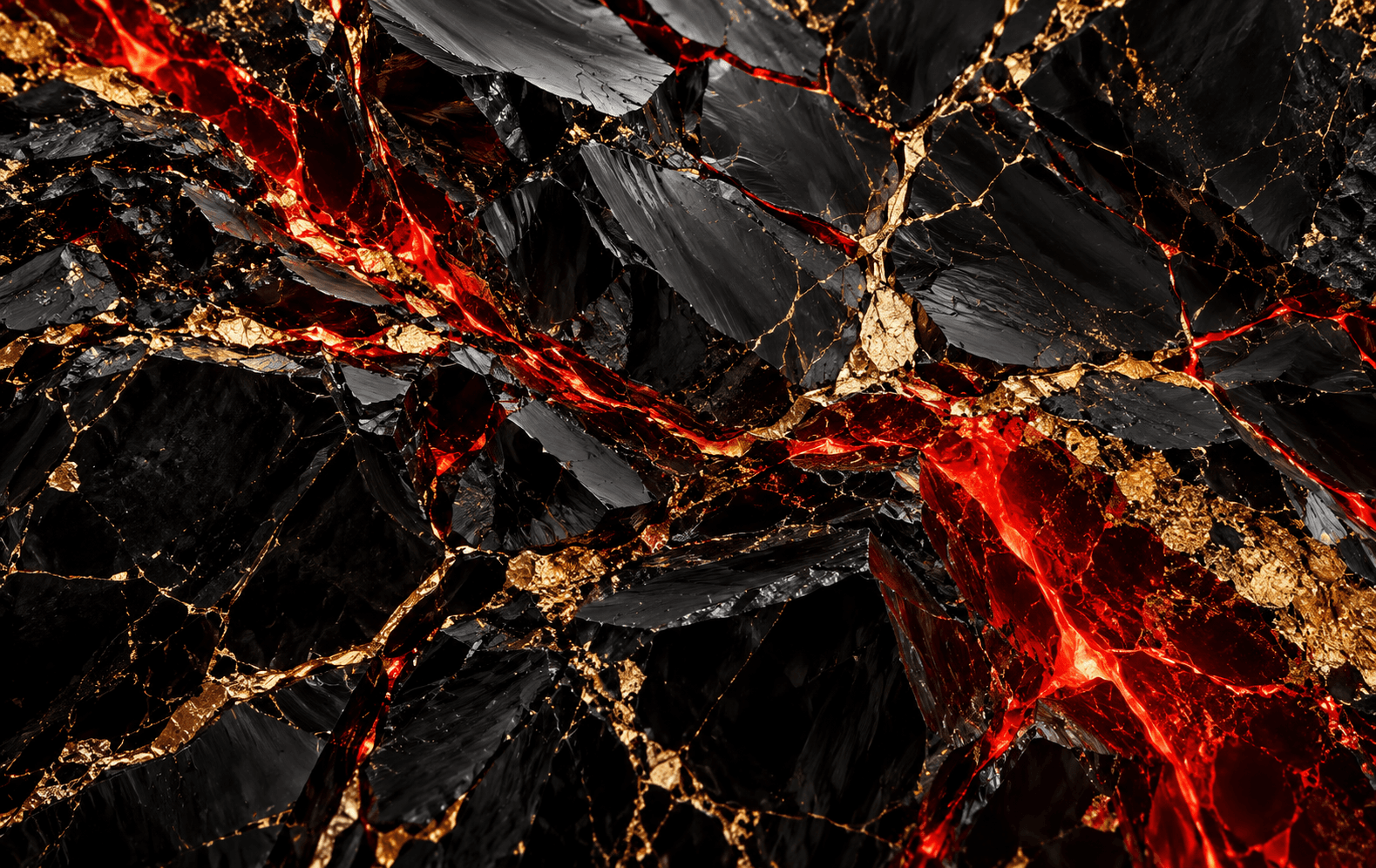 Polished black obsidian cracked by branching electric-red and metallic gold veins, dramatic raking light, full-canvas tactile macro geology, sculptural high contrast
