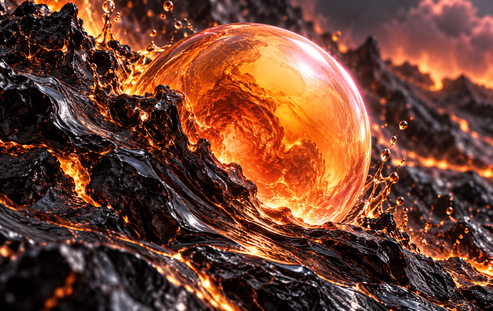 A single huge molten-orange pearl emerging from shiny black liquid rock, pink-white rim glow, extreme macro sculptural mineral abstraction with dramatic diagonal energy