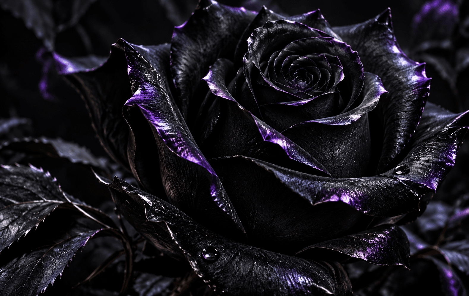 A dark sculptural black rose with razor-like reflective petals and subtle ultraviolet edge light, near-black background, dramatic controlled macro lighting, tactile gothic luxury without symbols