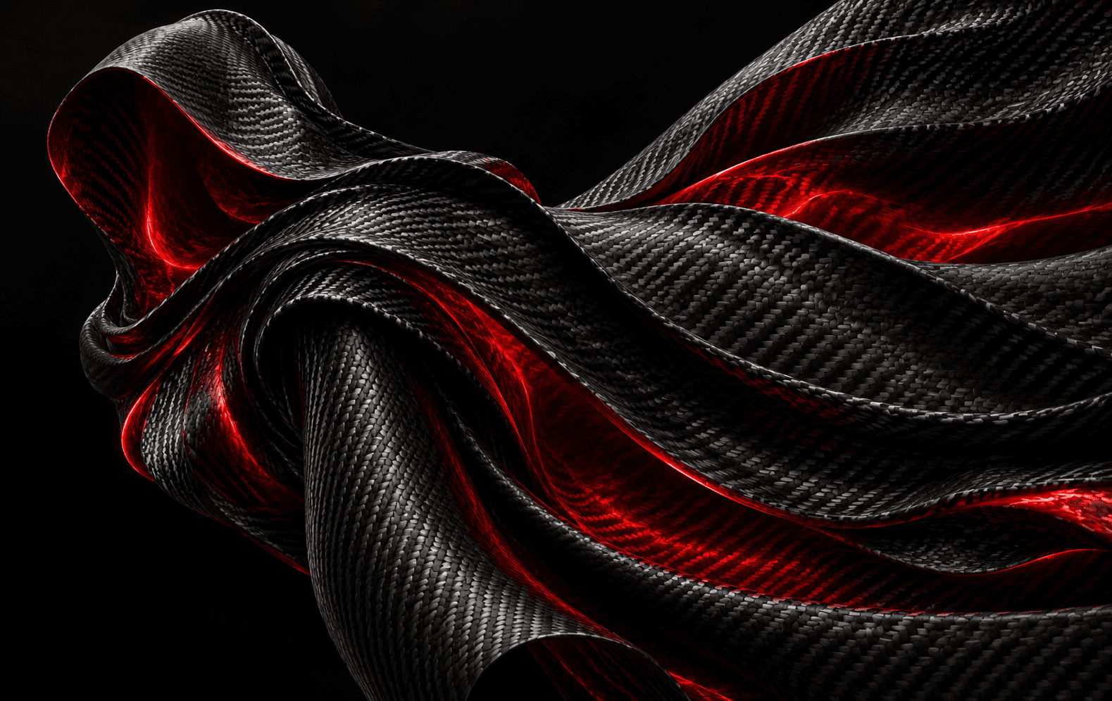 A flowing black carbon-fiber cloak-like abstract sculpture with vivid red light caught in its folds, detailed woven texture, black background, moody futuristic 3D art with no person