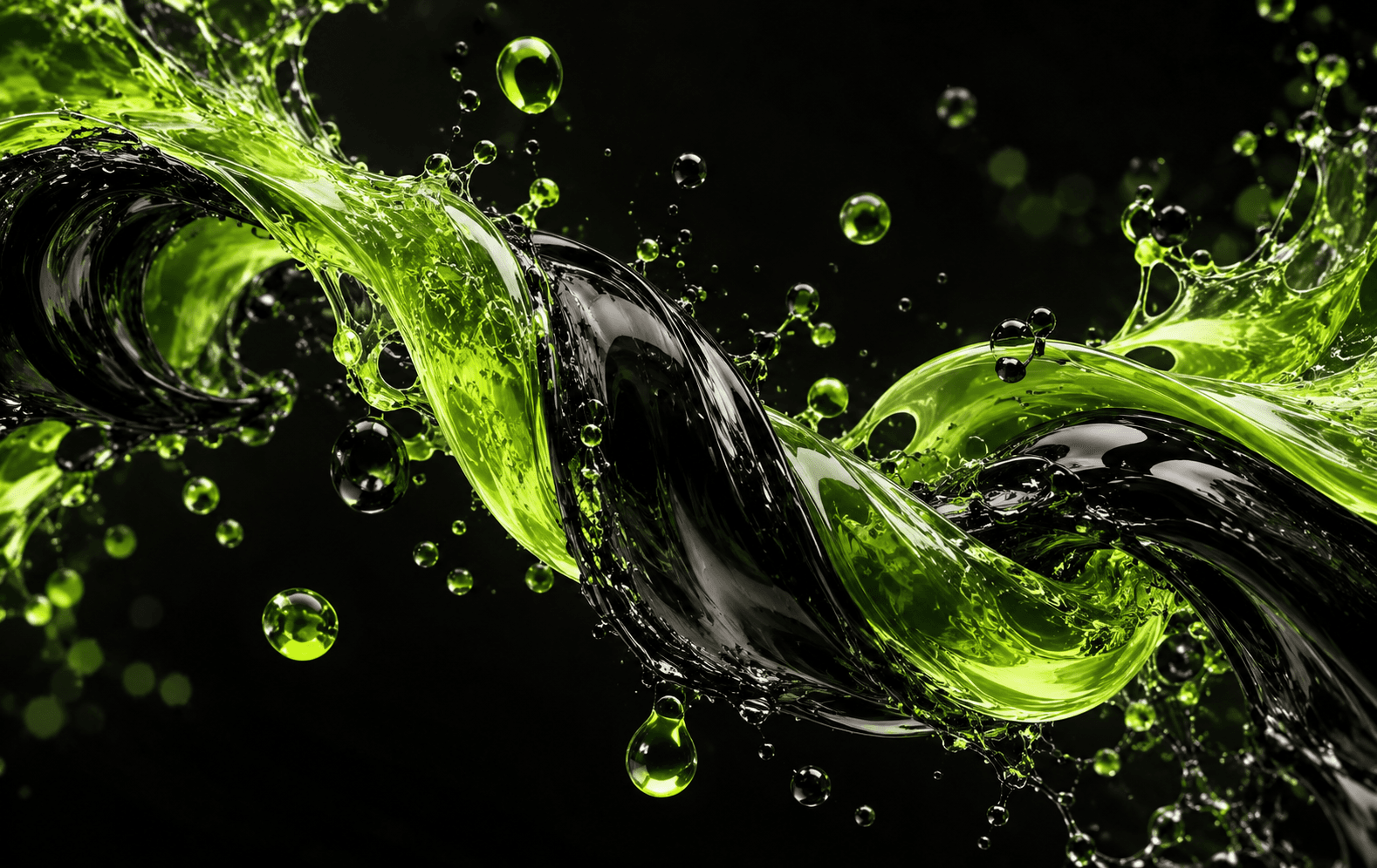 A curling ribbon of glossy black ink and acid-green liquid intertwined across deep-black space, luminous droplets, extremely tactile high-contrast fluid macro sculpture
