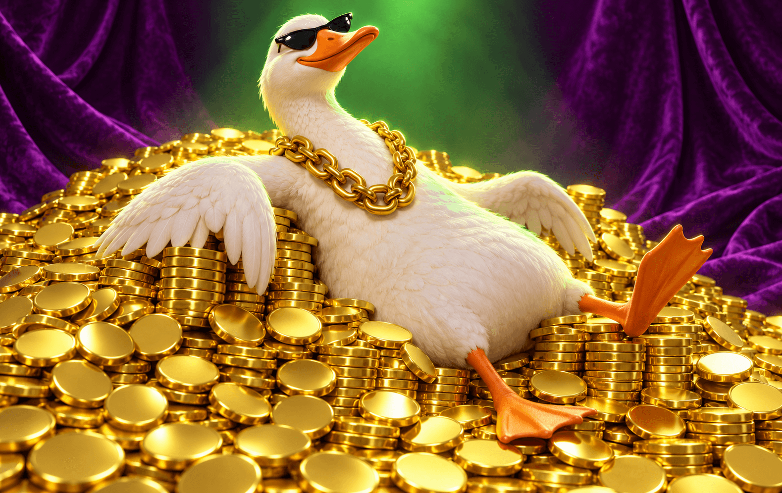 A wildly self-important white goose with a tiny pair of black sunglasses and a huge shiny gold chain, smugly guarding a mountain of plain unmarked gold coins. Purple velvet and toxic-green spotlight, ridiculous cartoon villain attitude, polished toy-like 3D satire