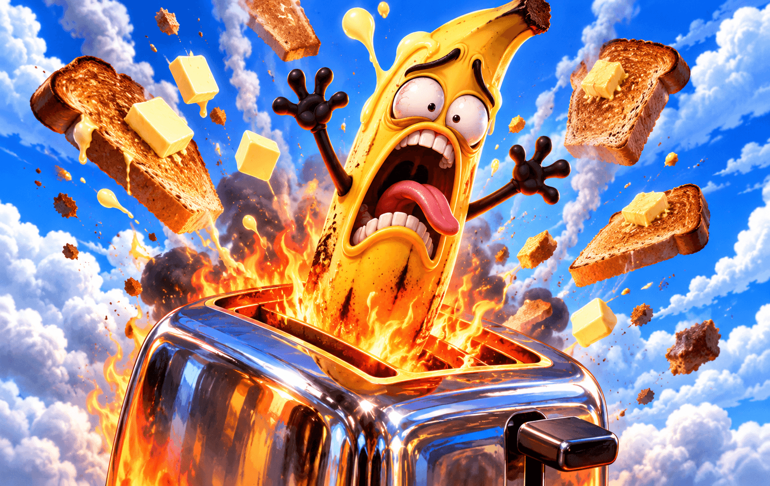 A melodramatic cartoon banana with a completely defeated face sticking out of a blazing absurd chrome toaster, comically tiny hands flung upward, buttery toast and orange flame shapes against electric-blue comic clouds. Harmless slapstick, exaggerated rubber-hose animation energy