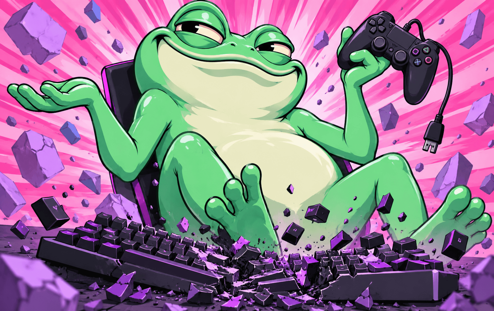 An original smug mint-green cartoon frog shrugging with a spectacularly arrogant grin, holding a comically unplugged game controller above a shattered keyboard. Candy-pink radial comic burst and chunky lavender fragments, flat bold graphic illustration, gleeful gamer-meme humor