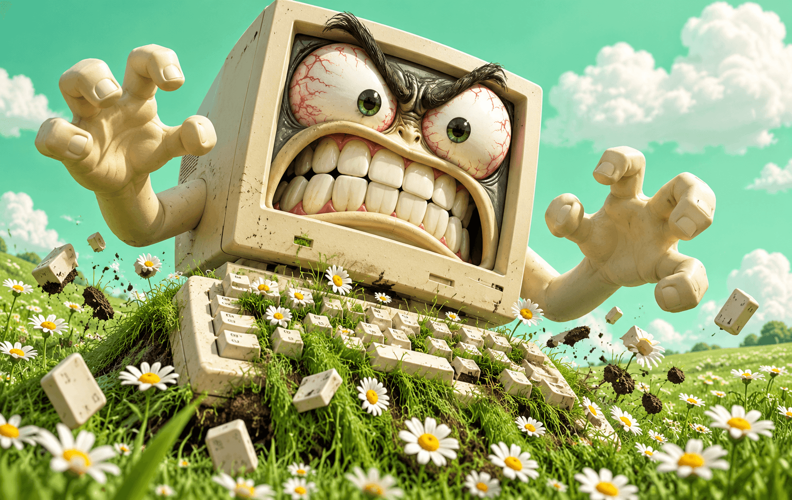 A furious anthropomorphic beige retro computer monitor with absurd bulging eyes and gritted teeth, its keyboard dissolving into an impossibly lush meadow of fresh grass and daisies. Surreal exaggerated internet-burnout joke, bold comic 3D clay textures, mint green with punchy black and white details